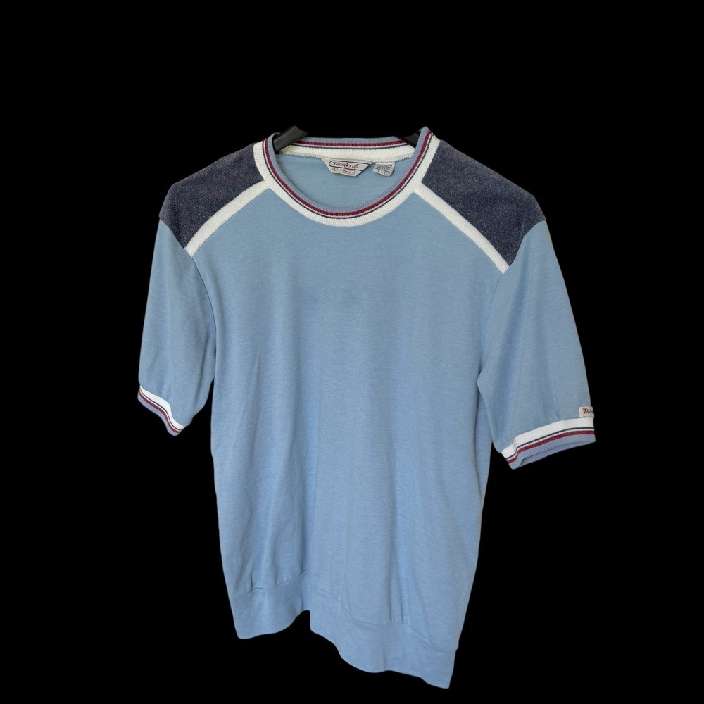 60's Thumbs Up Sears Blue Knit Shirt Terry Shoulder Colorblock Large Distressed
